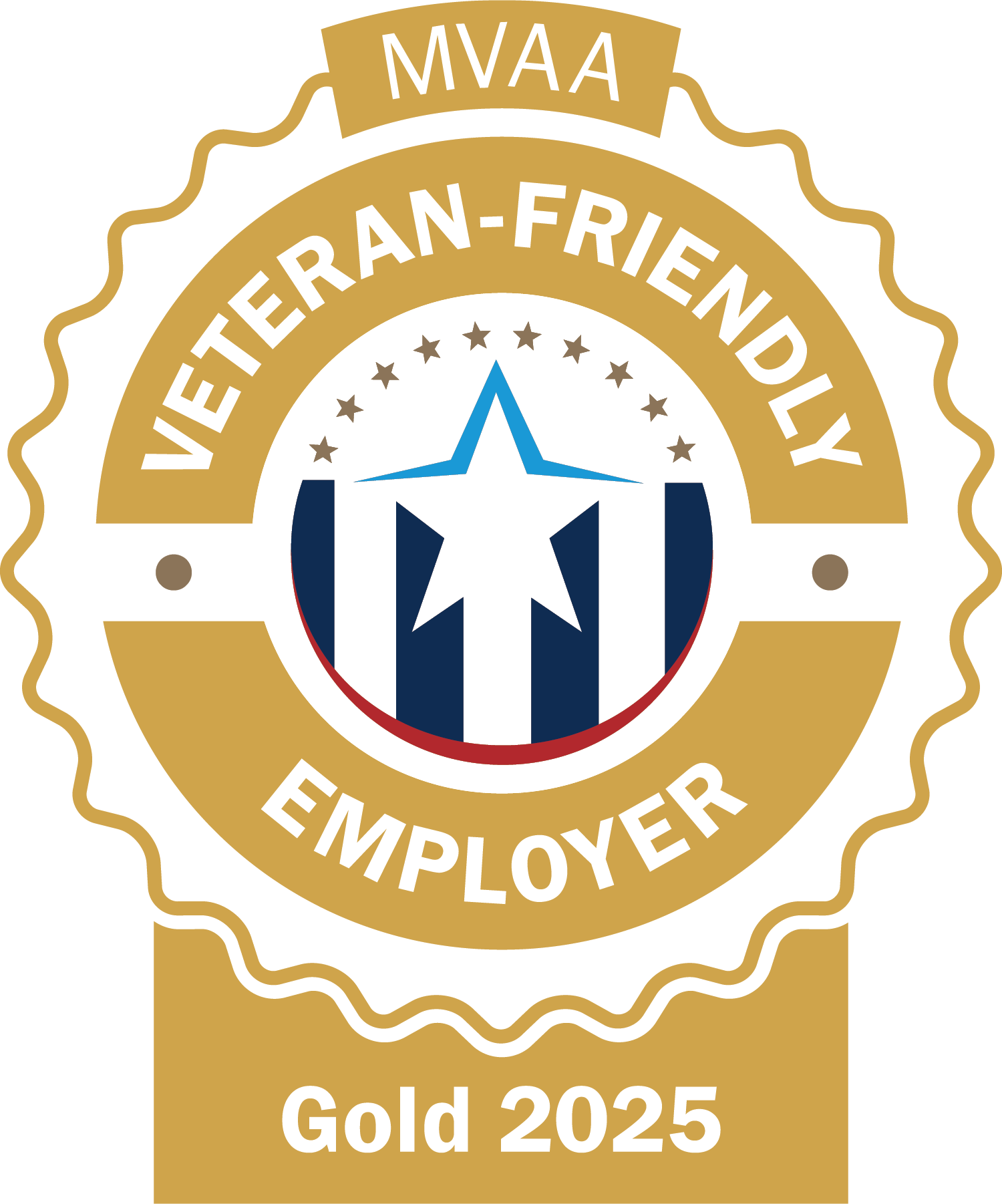 Gold circle badge logo with rising star in front of stripes in the middle with text Michigan Veteran’s Affairs Agency 2025 Veteran Friendly Employer.